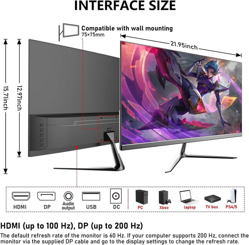 24.5 Inch IPS PC 200Hz Gaming Monitor, FHD 1080P Screen, 1Ms without Bezel, Freesync, 99% Srgb, 178 ° Angle View, Hdmi、Displayport, Compatible with Wall Mounting 75 * 75MM - Black